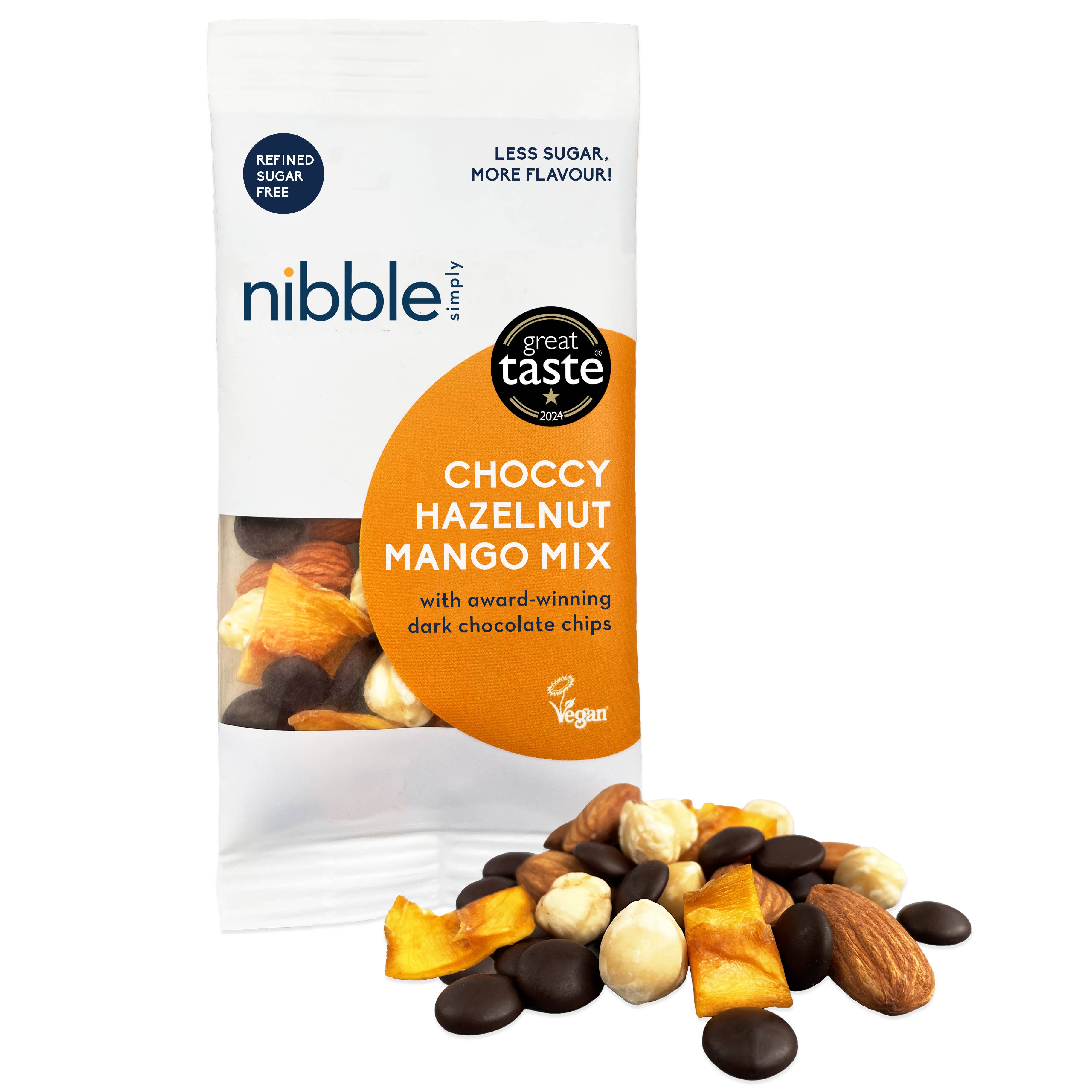 Nibble Simply – wholesale Trail mix – CHOCCY HAZELNUT MANGO MIX, 32g (HFSS-compliant, UPF-free)1
