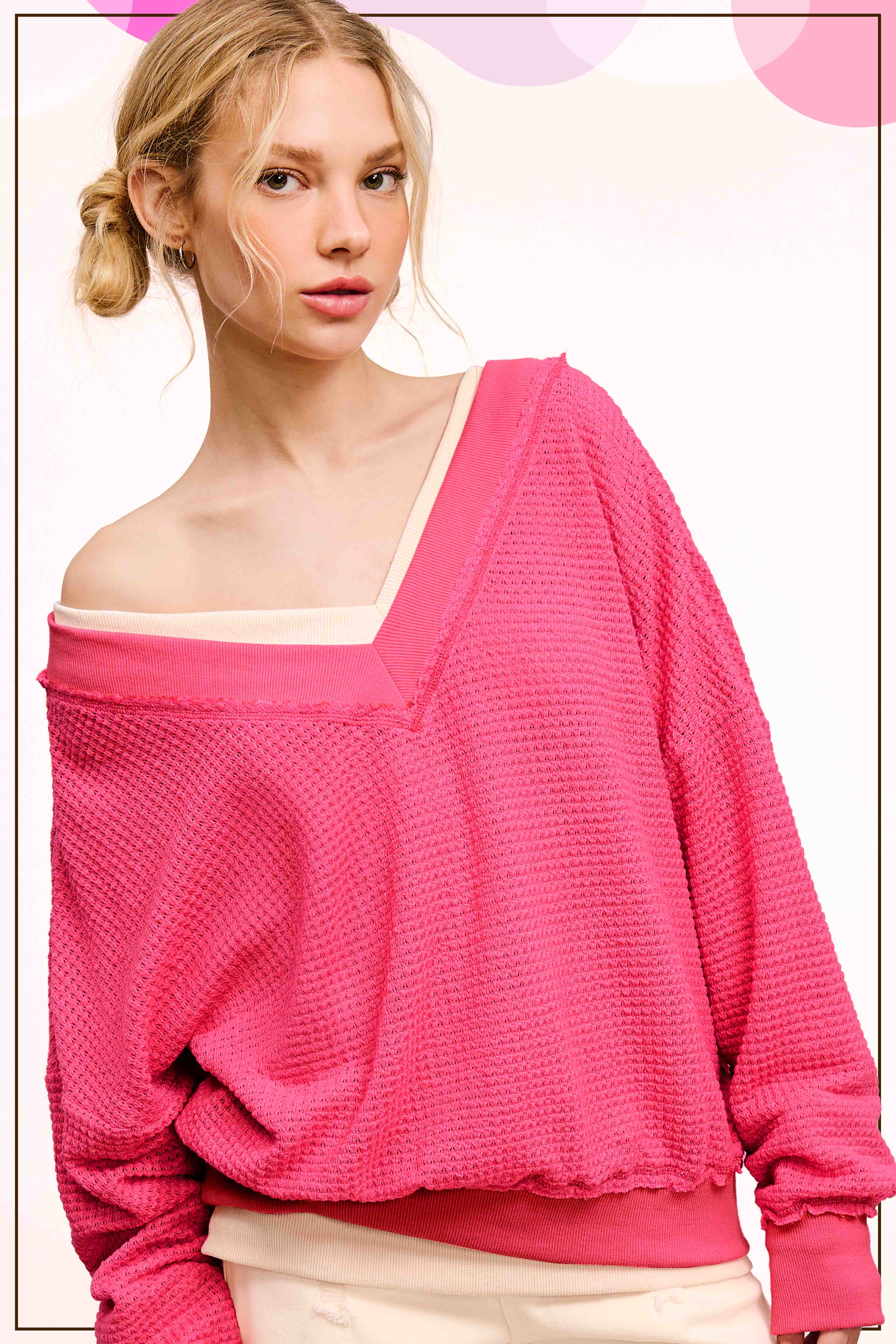 La Miel – Großhandel Strickoberteil – Damen – JLT7410-Langarmshirt mit Waffelstruktur und V-Ausschnitt in lockerer Passform22