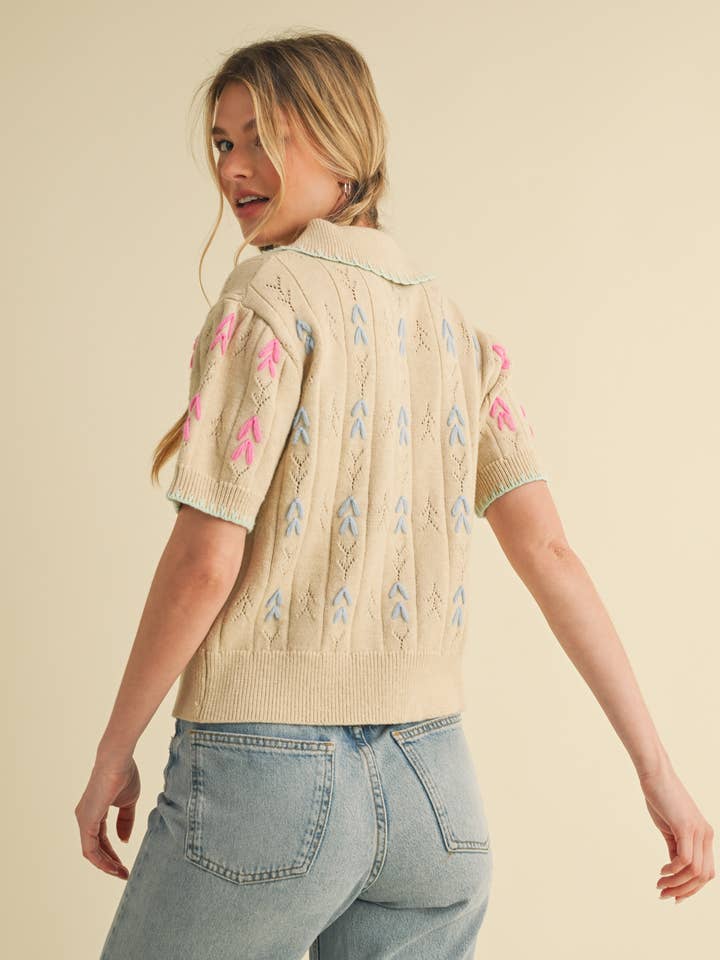 &MERCI - Wholesale Knit Sweater - Women's - HAND EMBROIDERED SHORT SLV BUTTON DOWN SWEATER MSW1095310