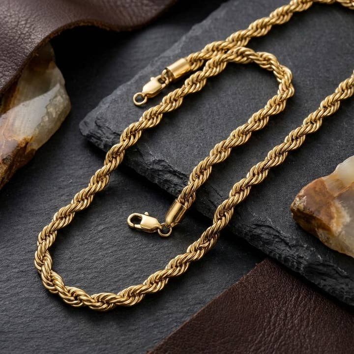 Mens 20in 8mm Gold 18K Stainless Steel Rope Chain for wholesale by PinktownUSA