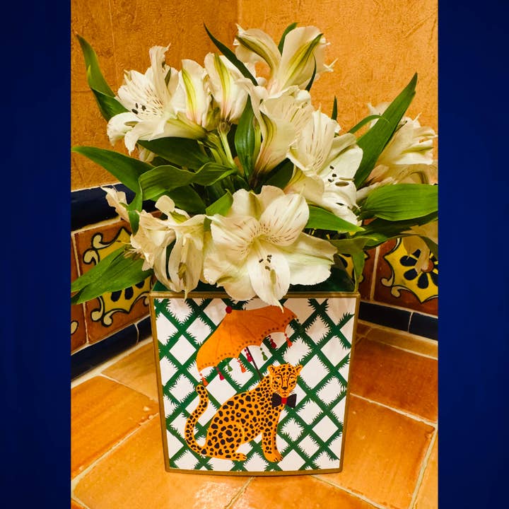TOPICS IN THE TROPICS - Wholesale Tissue Box - Paper Mache Kleenex Box Leopard with a bow tie and umbrella3