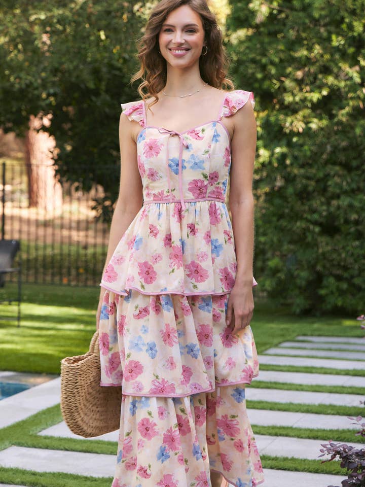 FLORAL MIDI DRESS WITH RUFFLED STRAPS AND SMOCKED BACK for wholesale by in february