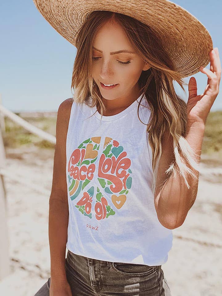 Peace, Love, & Dogs White Muscle Tank for wholesale by PAWZ