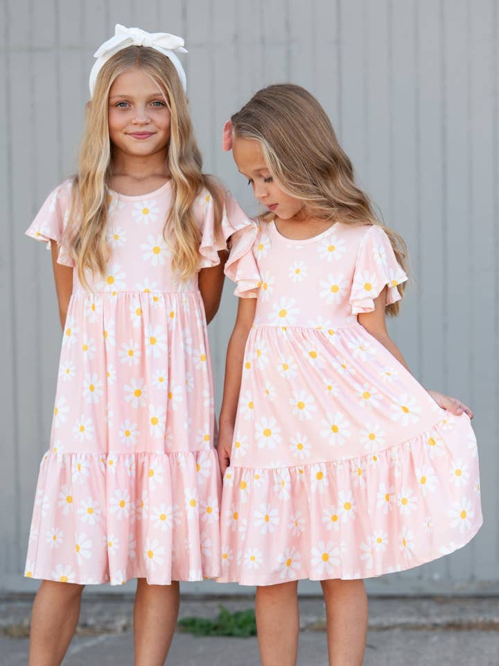 Girls Emma Pink Spring Daisy Flutter Sleeve Twirl Dress for wholesale by Oopsie Daisy