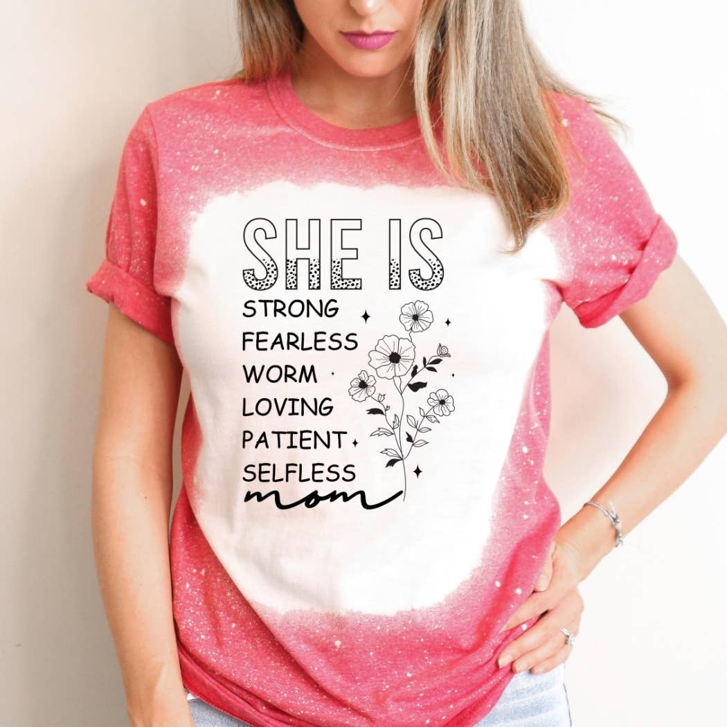 Hello Gorgeous Apparel - Wholesale Screen printed t-shirt – Women′s - She Is Strong Fearless Worm Loving Mother's Day Bleached Tee
