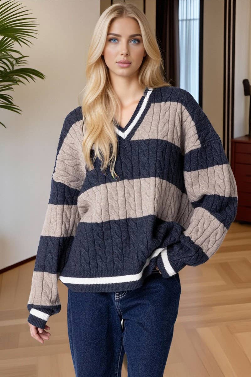 NINEXIS - Wholesale Knit Sweater - Women's - CWOSWL08090_V NECK STRIPED COLORBLOCK KNIT SWEATER0