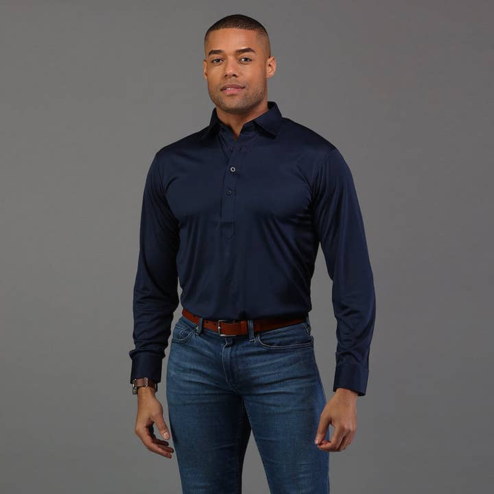 Semi-Spread Collar Polo Long Sleeve Navy for wholesale by Collars & Co.