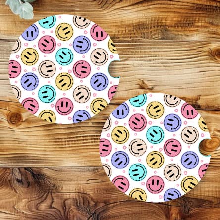 Pastel Happy Face Neoprene Car Coaster Set for wholesale by Prairie Chicken Sticker Shop & Gifts