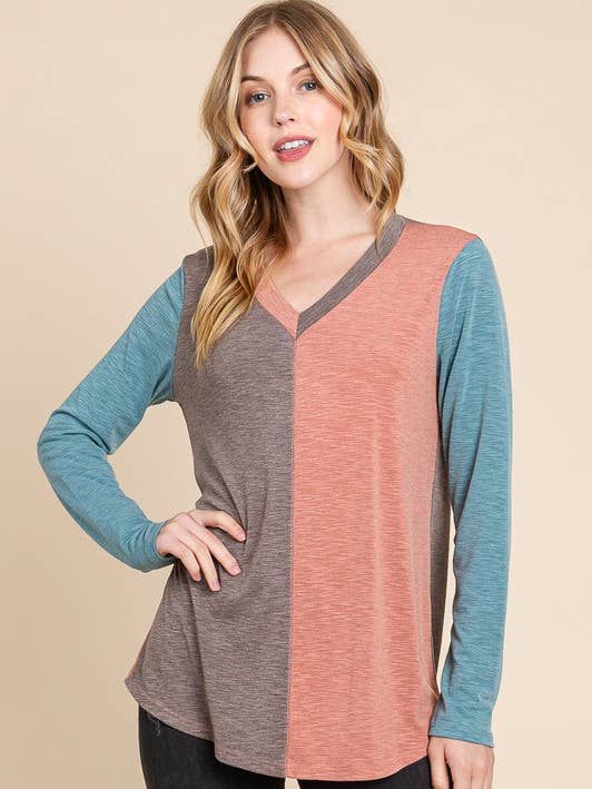 ETK-8664 Two Tone Slub Long Sleeve Top for wholesale by Emerald Collection