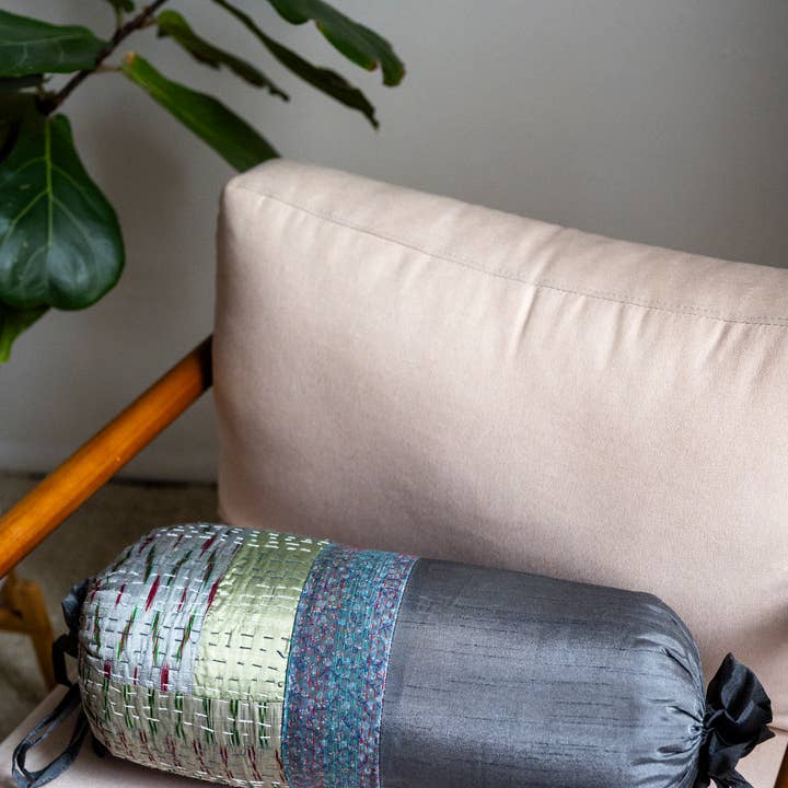 Colors By Padmini - Wholesale Throw/Decorative Pillow - Vintage Silk Kantha Bolster Pillow-Hand-Stitched Indian Sari