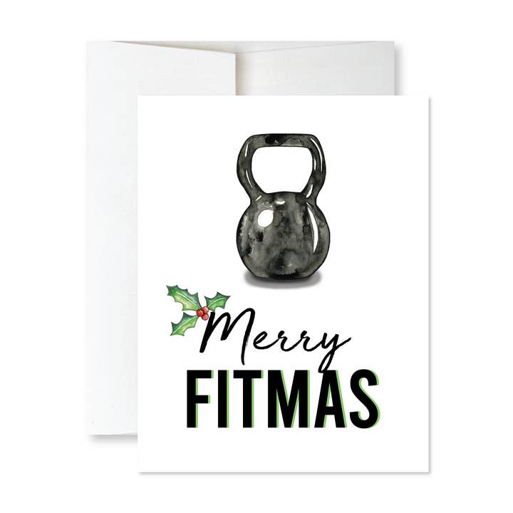 Biglietto di Natale Merry Fitmas Kettlebell Gym — Biglietto per amanti della palestra per la vendita all'ingrosso da parte di Slate + Brush Design Studio