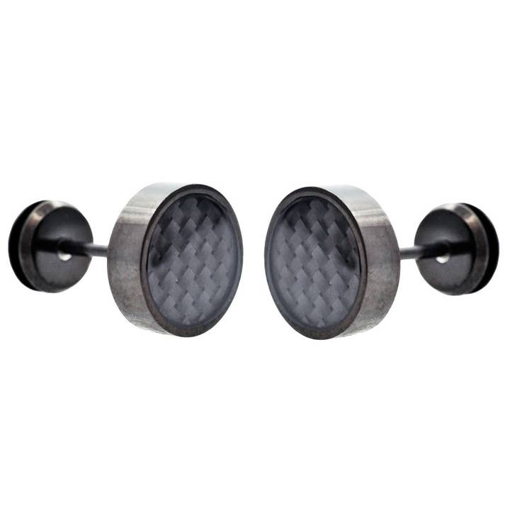 Men's 9mm Black Plated Stainless Steel Earrings With Black Carbon Fiber for wholesale by Blackjack Mens Jewelry