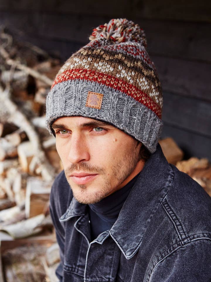 Men's Classic Fair Isle Knit Wool Bobble Beanie Hat Grey for wholesale by Pachamama Ltd
