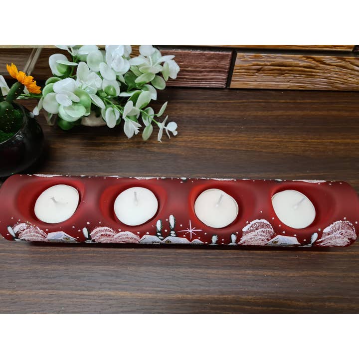 Glass by Iness - Wholesale Candle Holder - Red Glass Candle Holder, Centerpiece Style, Quadruple Holder