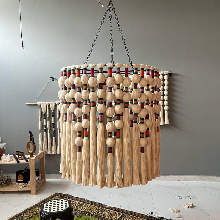Joy's Arts - Wholesale Chandelier/Hanging Light - Large Boho Chandelier,  Handwoven Cotton Tassel Light, Custom Gobelin Pendant for Hotel Lobby or Statenebt Light, Boho Fringe Pendant Light,3