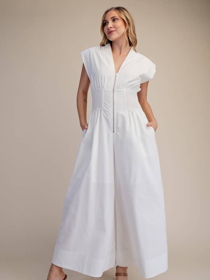 Cap-Sleeve Smocked Front-Zip Jumpsuit for wholesale by Glam