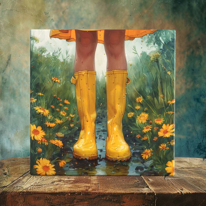 Peeping Tom's Cottage - Wholesale Wall Tile - Yellow Rain Boots in Blooming Garden - Porcelain Tile Art