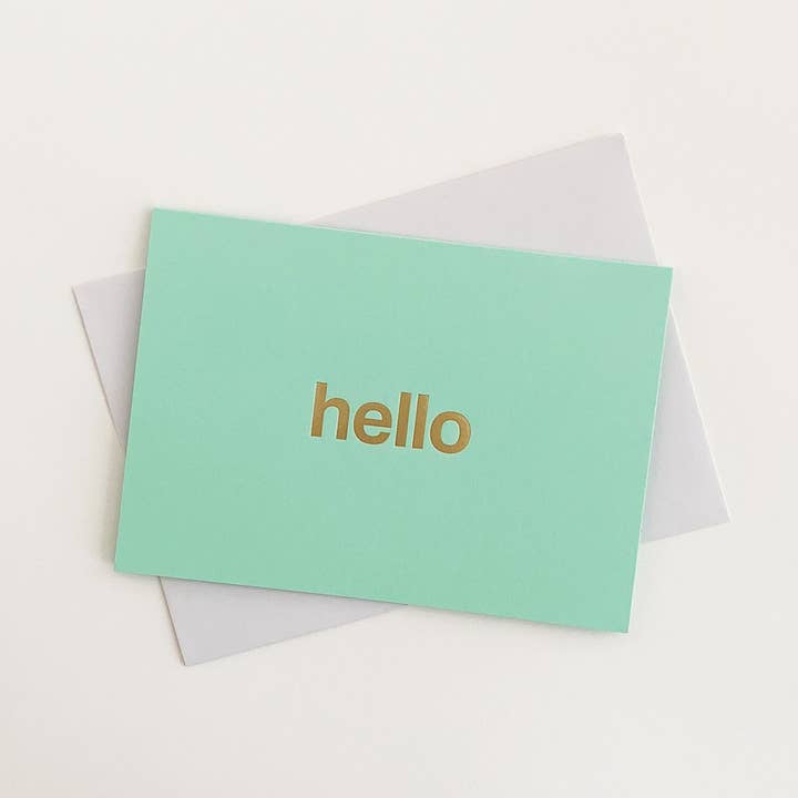 Hej, messing & mynte, typografisk folieret lykønskningskort for engroshandel hos Tom Pigeon