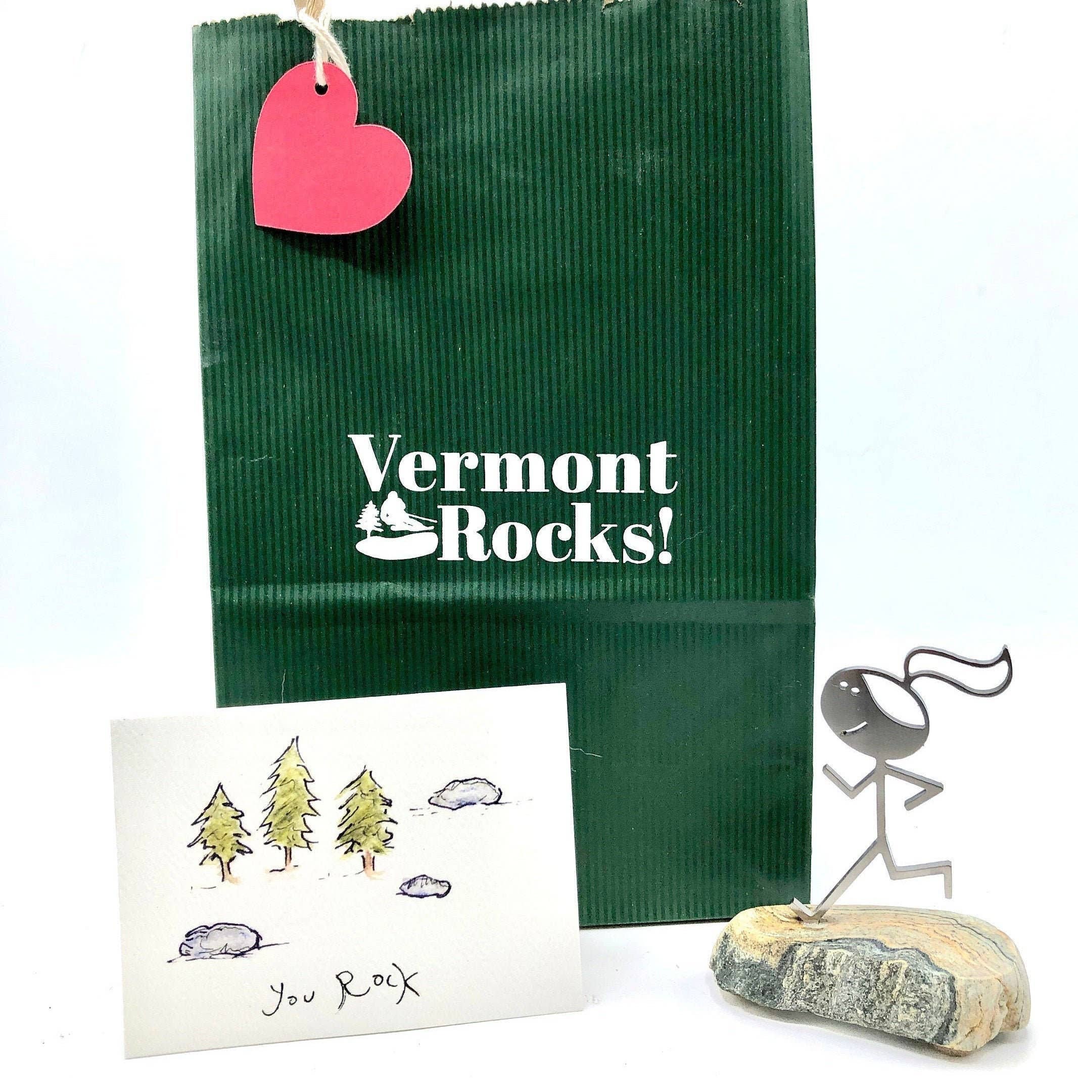 Vermont Rocks! – wholesale Dekorativ statyett – Metal Runner Girl Staty-present till henne med kort och väska1