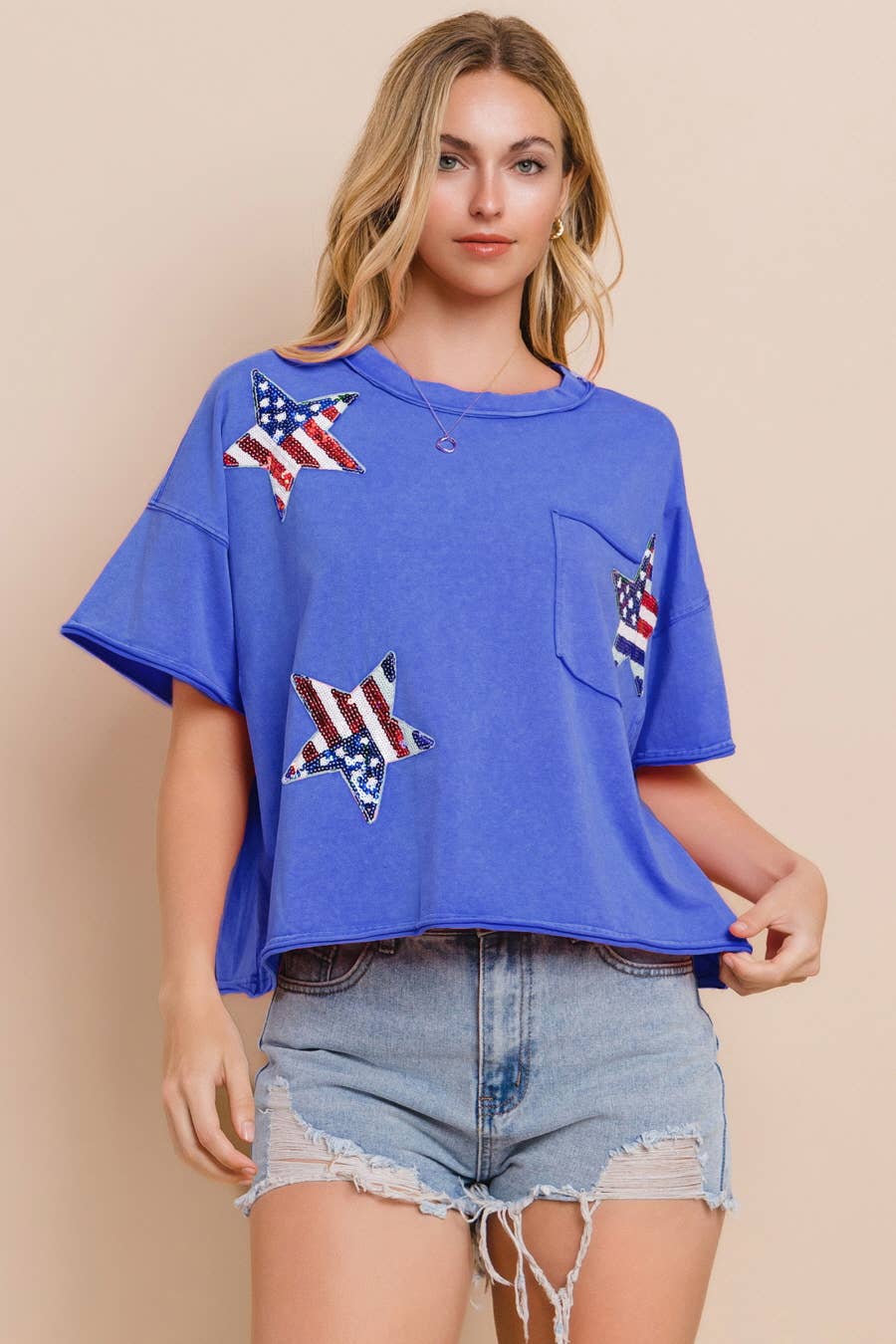 Oddi - Wholesale T-Shirt - Women's - Plus Flag Star Sequin Patch Top2