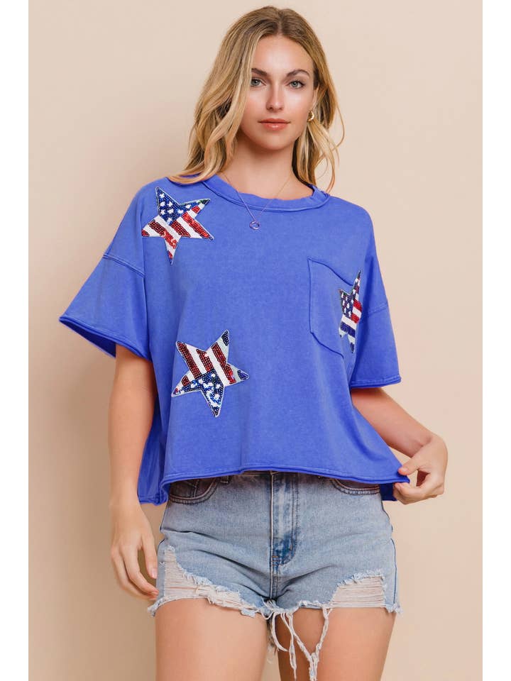 Oddi - Wholesale T-Shirt - Women's - Plus Flag Star Sequin Patch Top2