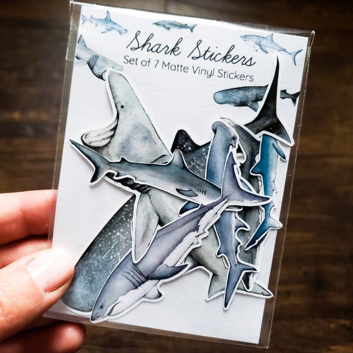 Stephanie Hathaway Designs - Wholesale Sticker - Sharks Sticker Pack, Set of 7 Matte Vinyl Stickers