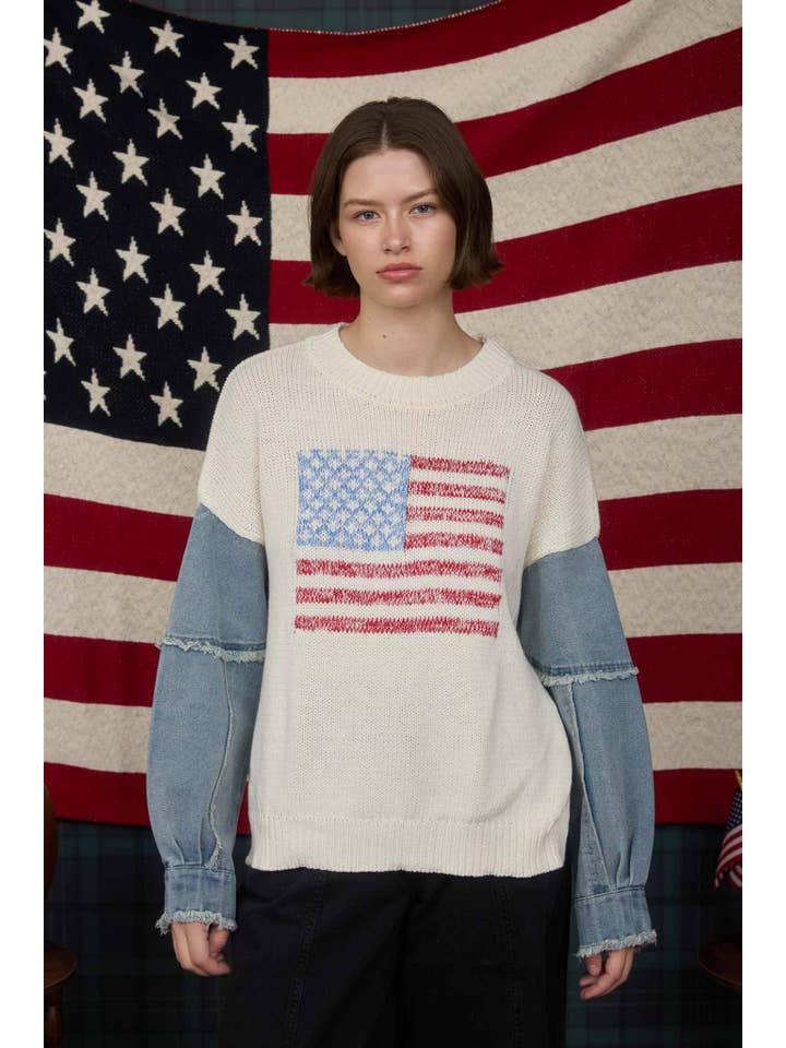 J.O.A - Wholesale Knit Sweater - Women's - AMERICAN FLAG DISTRESSED DENIM SLEEVE KNIT SWEATER11