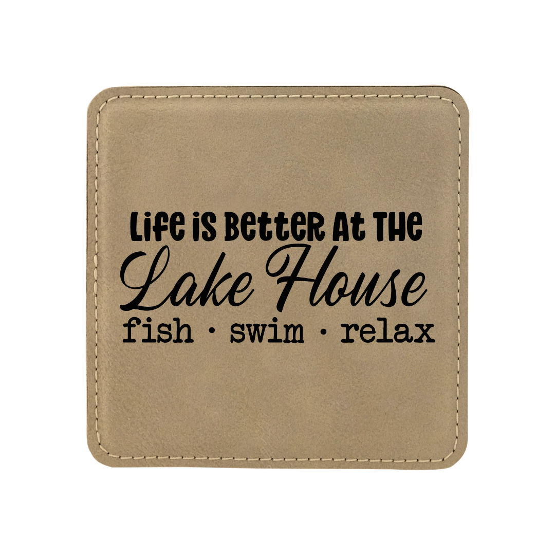 The Rural Home - Wholesale Coasters - 4" Square Life Better at the Lake House Faux Leather Coaster2