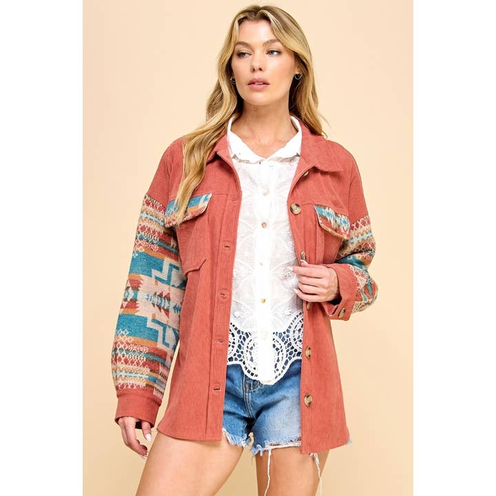 Veveret - Wholesale Jacket - Women's - Contrast Pattern Corduroy Shacket