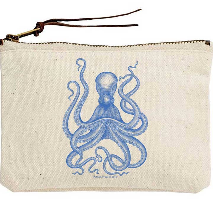 Blue Octopus Canvas Pouch for wholesale by Potluck Press