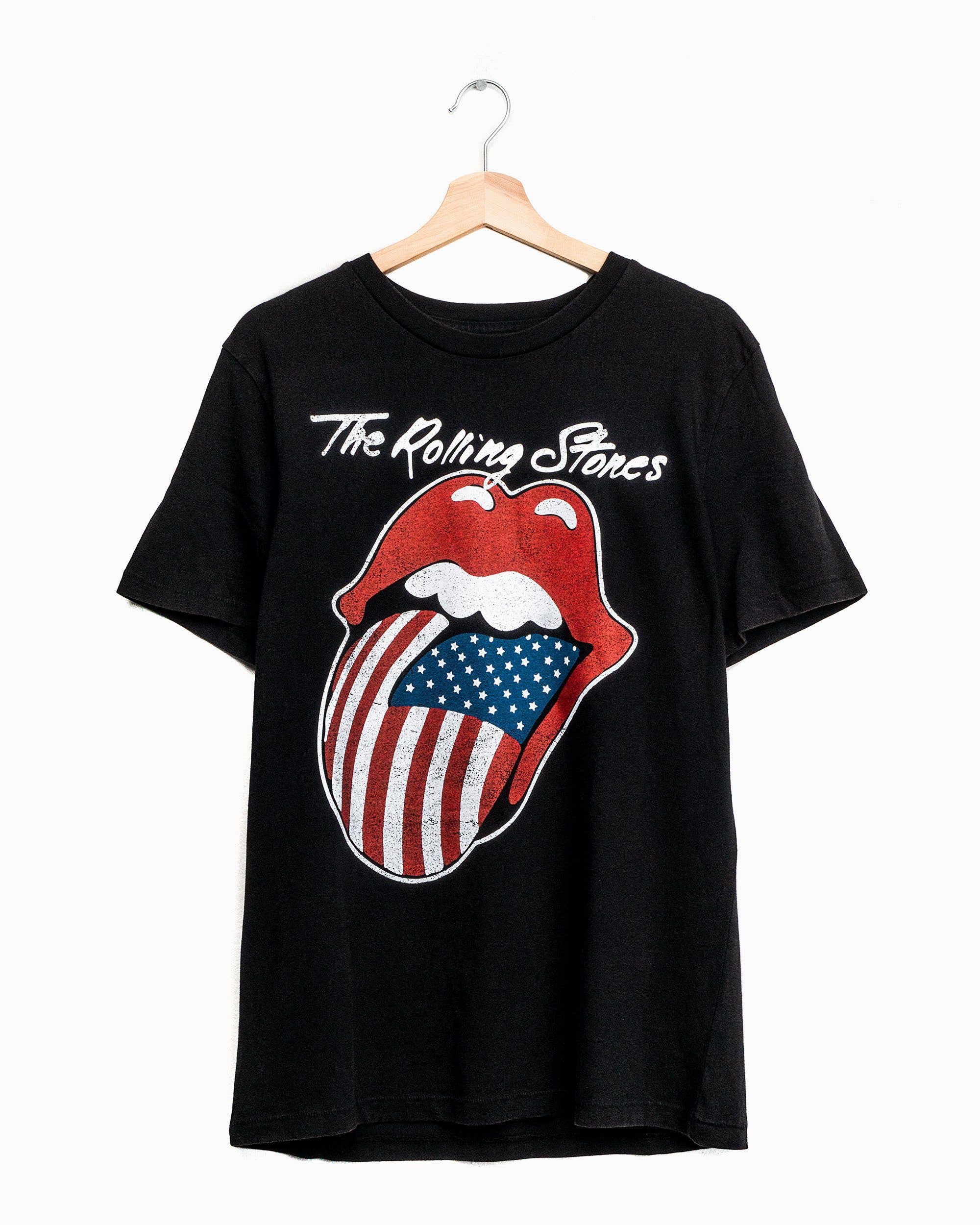 LivyLu - Wholesale Screen Printed T-Shirt - Unisex - 4th of July Rolling Stones USA Flag Lick Black Graphic Tee0