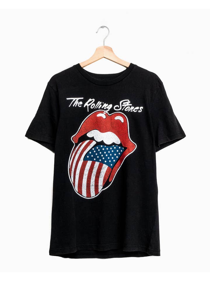 LivyLu - Wholesale Screen Printed T-Shirt - Unisex - 4th of July Rolling Stones USA Flag Lick Black Graphic Tee