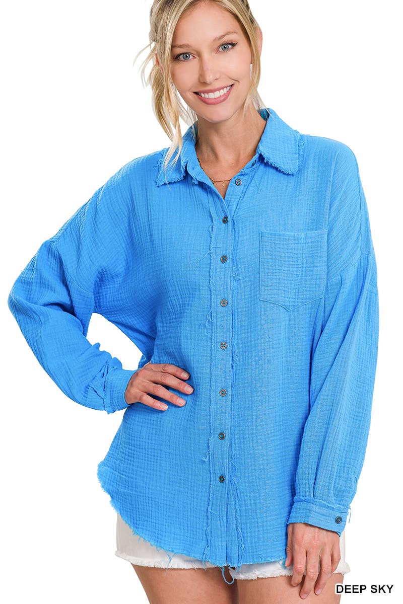 42POPS - Wholesale Button Down Shirt - Women's - `.Oversized Raw Edge Shirt W/ Back Patch36