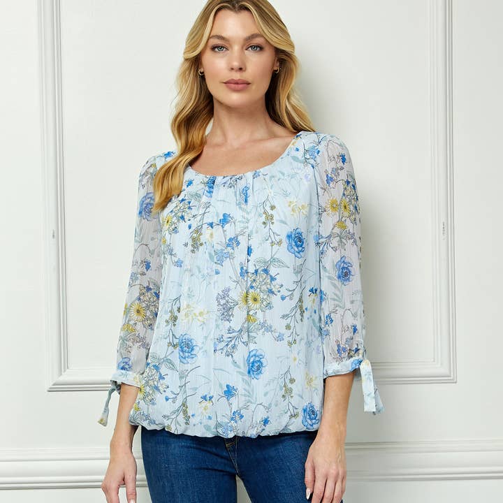 Blusa burbuja con cuello redondo plisado y mangas con lazo. para venta al por mayor de Winslow Collection