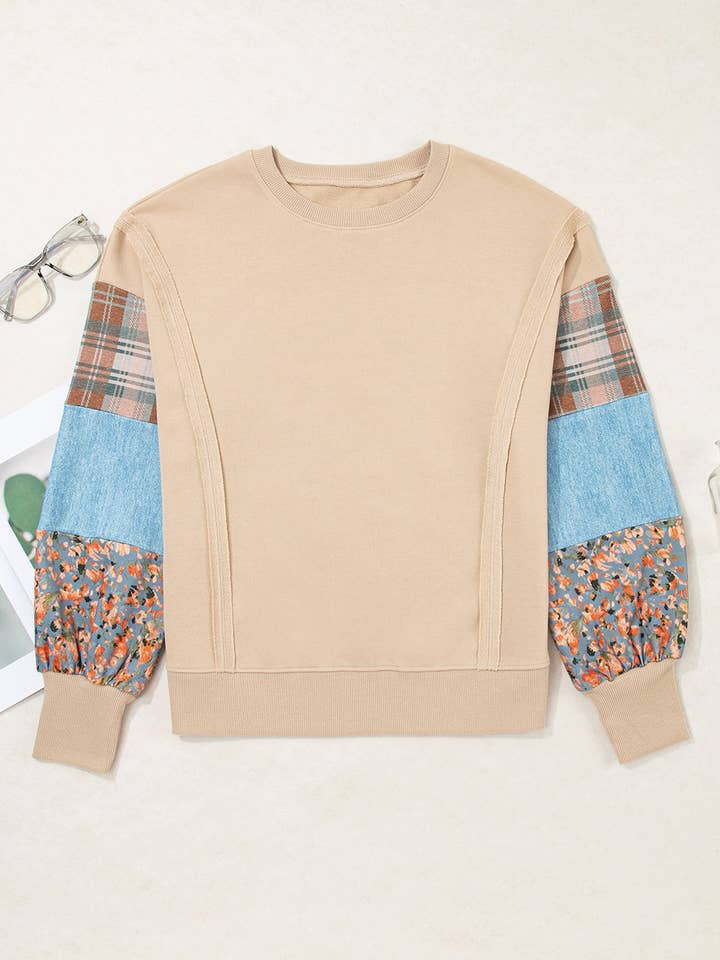 LALA LOO - Wholesale Sweatshirt - Women's - LALALOO Plaid Patchwork Sleeve Raw Seam Sweatshirt