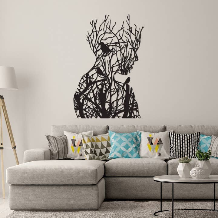 benjashop - Vente Décoration murale - Art mural d'arbre de femmes, sculpture murale en métal de visage de femme4