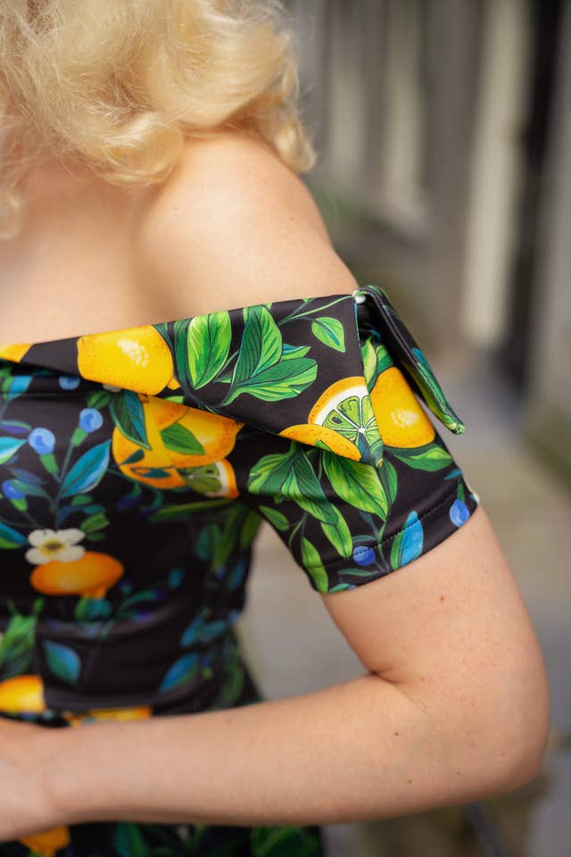 Dolly & Dotty - Wholesale Dress - Women's - Monroe Off-the-Shoulder Pencil Dress in Black Lemon Print6