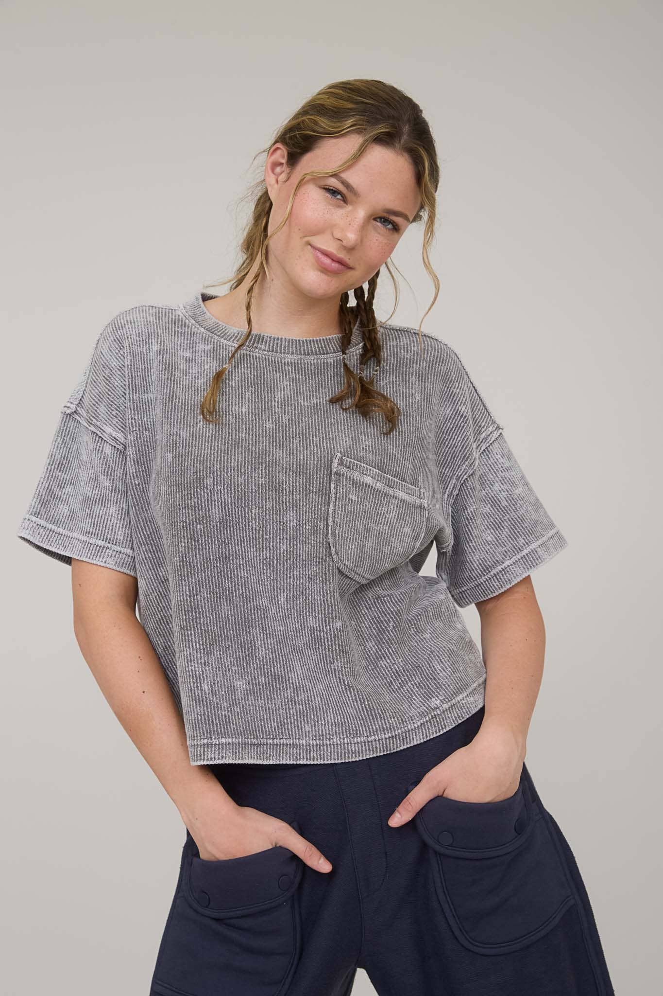 J.O.A - Wholesale Knit Top - Women's - WASHED RIBBED SHORT SLEEVE TEE WITH POCKET14