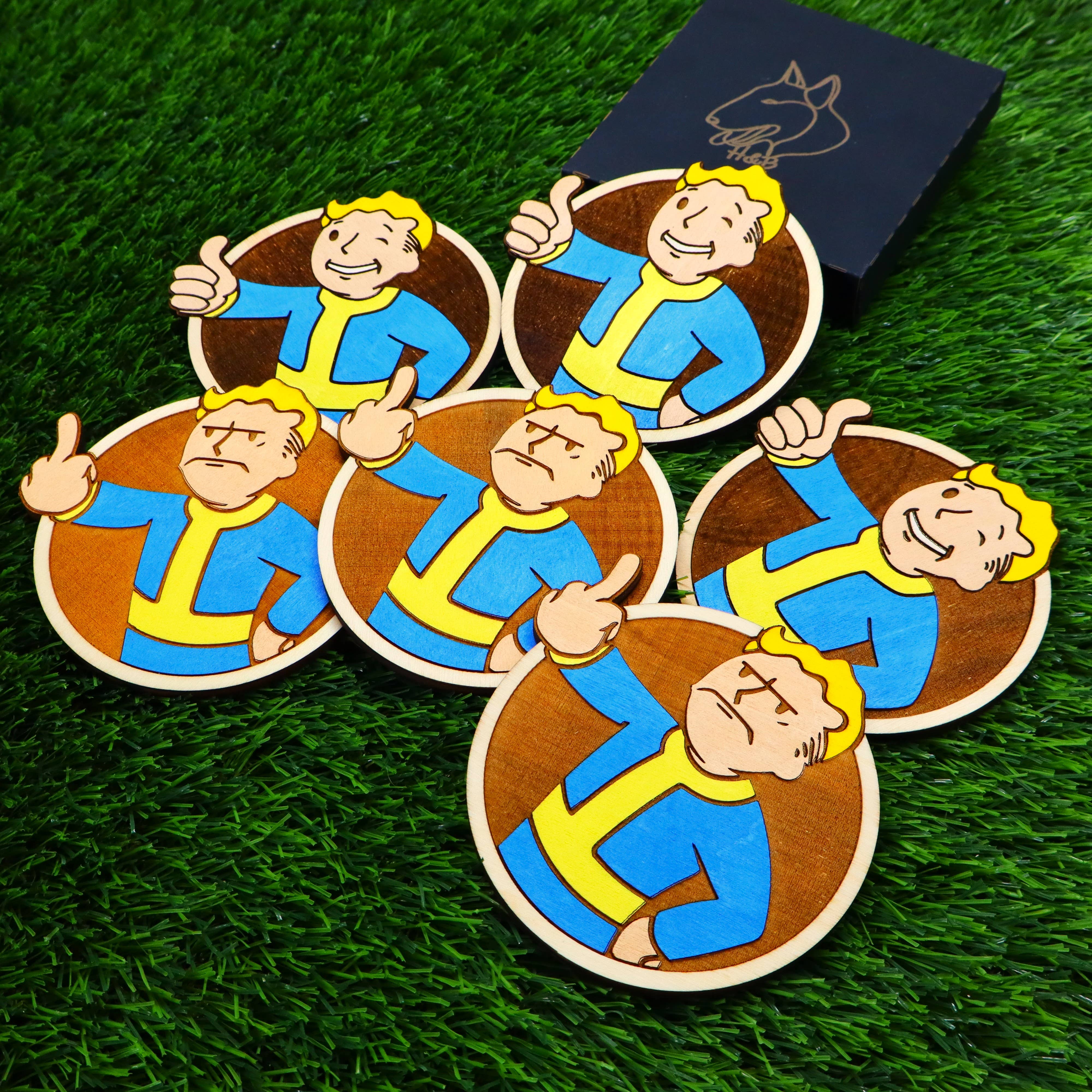 Herbs&Belles – Base de copos por atacado – Porta-copos de Madeira Fallout, Vault Boy Louco, Presente Geek Decoração de Casa2