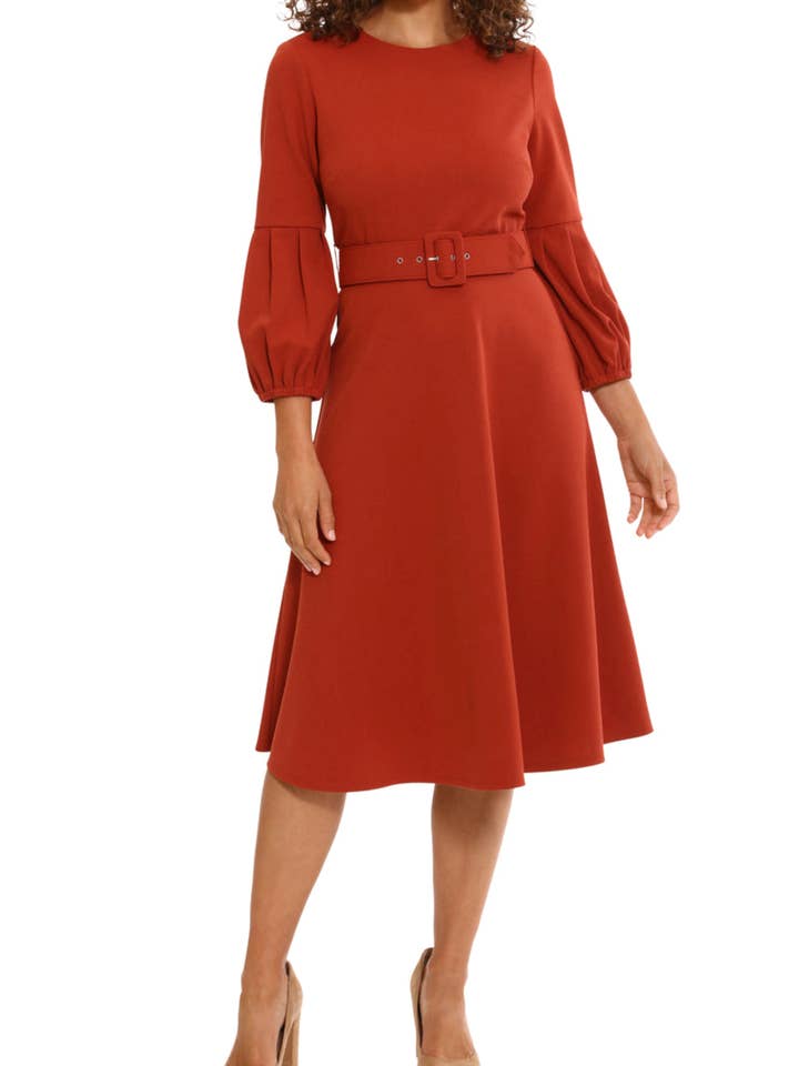 London Times 3/4 Half-Pleated Sleeve Belted Dress for wholesale by New Yorker's Apparel