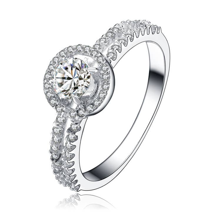 Solitaire en argent sterling avec zircone cubique et anneau à deux rangées pour la vente par Genevive