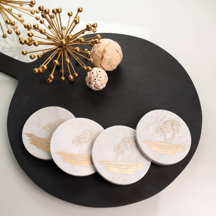 Gold Palm Tree Marble Coasters - Set of 4 for wholesale by India Handicrafts Inc