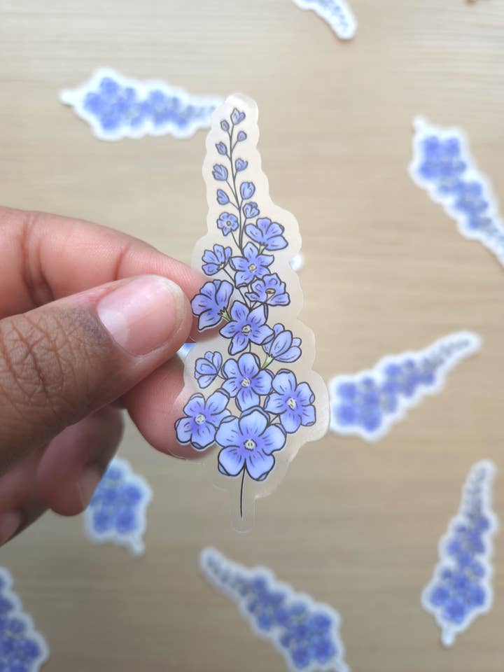 Clear Larkspur Flower Sticker (1.31 x 3 in) for wholesale by Turiberry