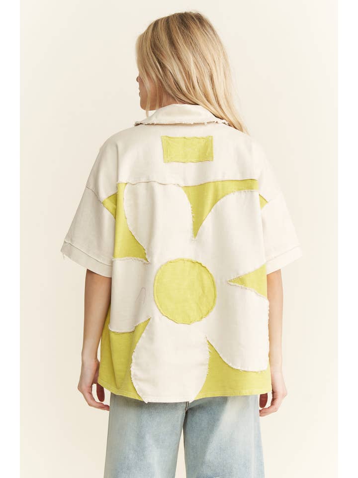 J.Her - Vendita all'ingrosso Giacca a camicia - Donna - Shacket con toppa sul retro a fiori lavato minerale HT6466