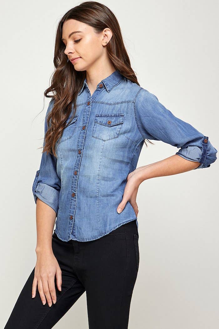 BLUE AGE - Wholesale Button Down Shirt - Women's - Chambray Denim Shirt with 2 Pockets8