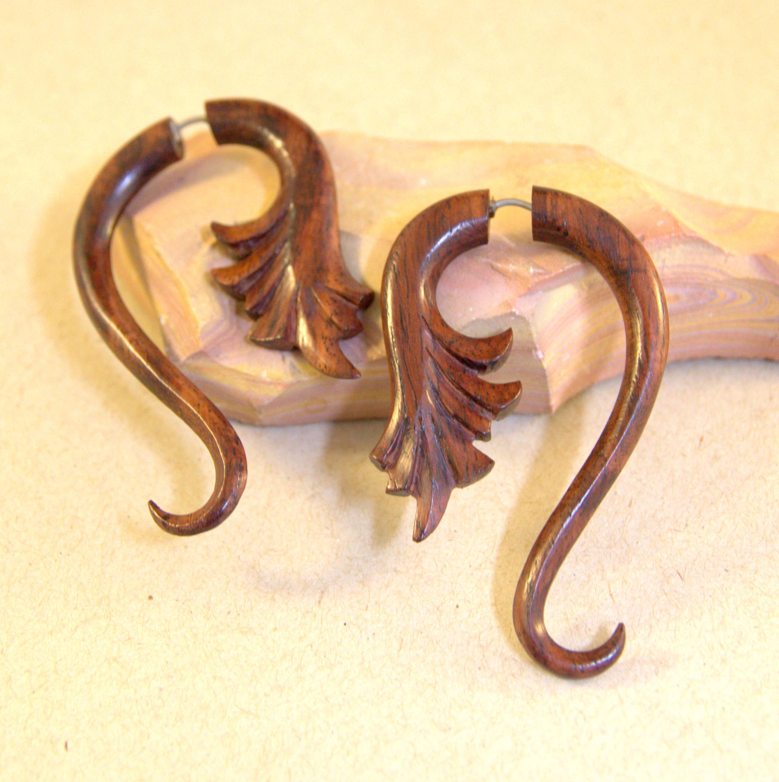 Ajmer by Jodi - Wholesale Cuff/Wrap Earrings - Wood Palmette Faux Gauges~ Surgical Steel ear wires7