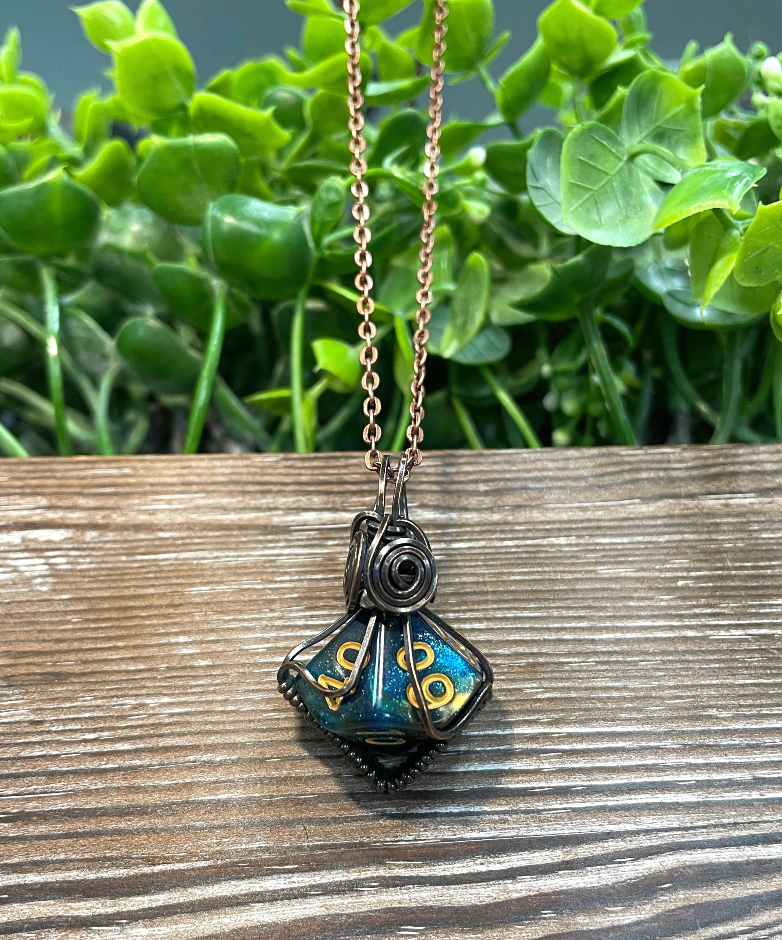 Handmade by Marlayna – wholesale Pendant/charm necklace – Wire Wrapped D10 Dice Pendant- Random Color/Pattern, DnD Necklace5