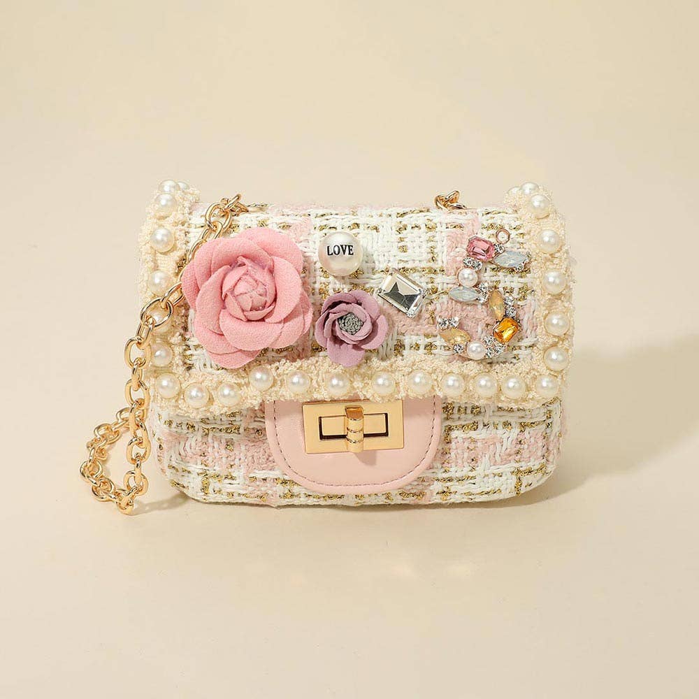 Sensibling Corp. - Wholesale Crossbody Bag - Women's - Floral Pearl Stone Cluster Embellished Tweed Mini Handbag / Crossbody Bag0