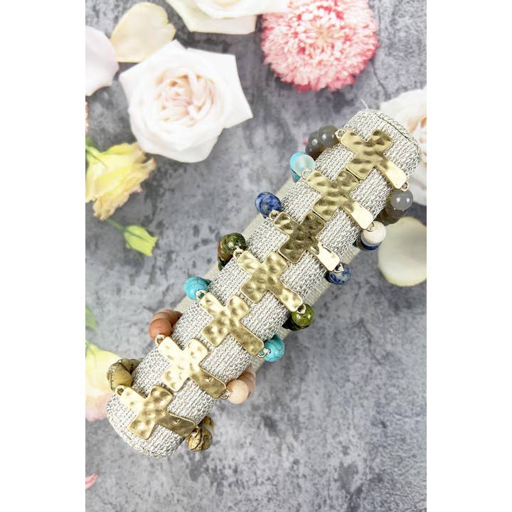 JHP Collection - Wholesale Beaded Bracelet - RELIGIOUS HAMMERED CROSS NATURAL STONE BRACELET
