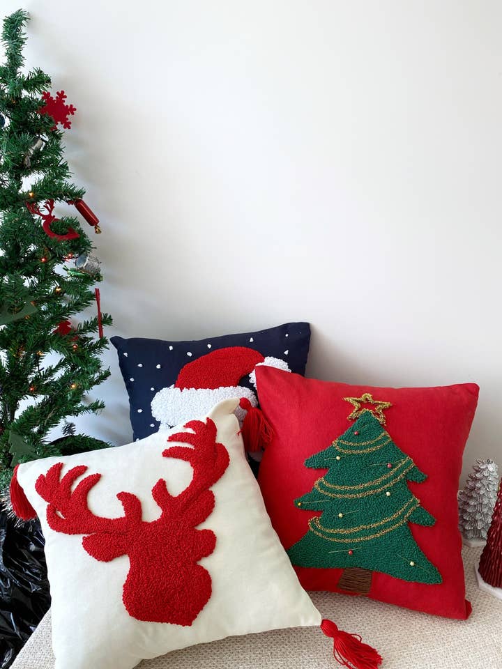 Hand Tufted Christmas Deer Embroidered Pillow Cover for wholesale by Honey Art and Nature